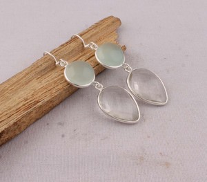 Boucles d'oreilles pendantes en Prehnite naturelle et Quartz cristallin, en argent sterling 925, pierres précieuses facettées, faites à la main, bijoux en gros - Product Image 4