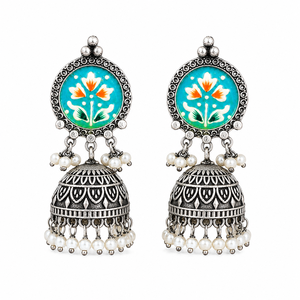 Proveedor Mayorista de Pendientes Jhumka de Plata Oxidada Pintados a Mano con Meenakari Estilo Bollywood para Mujer, con Gotas de Perlas de Imitación para Bodas - Product Image 3