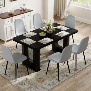 Elegante Set da Pranzo in Legno Nero 164 x 90 cm Abbinato a 6 Sedie in Lino Cotone Grigio Chiaro - Product Image 4