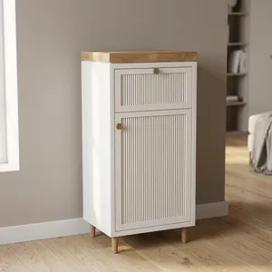 Meuble de salle de bain scandinave en MDF et marbre avec tiroir et porte, unité de rangement, poignées en laiton, design autoportant pour usage domestique - Product Image 4