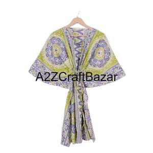 Kaftán Corto Hecho a Mano en India con Estampado Floral, Ecológico, Lavable, Ropa de Dormir Natural, Kimono, Vestido, Cubrebaño Corto para la Playa - Product Image 1