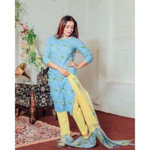 Traje de algodón transpirable azul verdoso para mujer, talla XS, con dupatta - Product Image 3