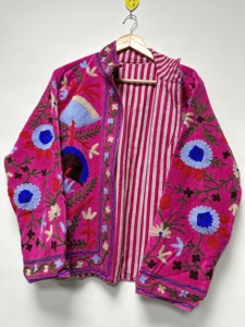 <b>Women's</b> Cotton Woven <b>Velvet</b> Embroidered O-Neck Reversible Eco-Friendly Floral Pattern Bomber Jacket Full Sleeve Autumn - Product Image 5