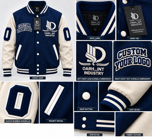 OARH_INT INDUSTRY <b>Men's</b> Navy <b>Cream</b> Varsity <b>Jacket</b> Embroidered Logo Preppy Style Autumn Wear Regular Fit Stand Collar - Product Image 6