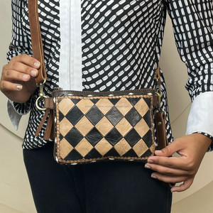 2025 Trending Tan & Black Checkered Pattern <b>Hand</b> Tooled Leather Crossbody Bag Western Purse <b>Mini</b> Shoulder Handbag for Women's - Product Image 4