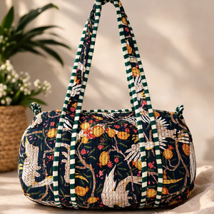 Sac de voyage matelassé en coton bleu foncé à motif floral, fermeture éclair, doubles poignées, unisexe |   Sac de sport léger pour le week-end, 20-35L - Product Image 1
