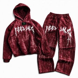 Custom <b>Men</b> Acid Wash <b>Gothic</b> Print Pullover Hoodie Sweatpants Set 2 Piece Winter Streetwear Hip Hop Fleece Tracksuit <b>Clothes</b> - Product Image 5