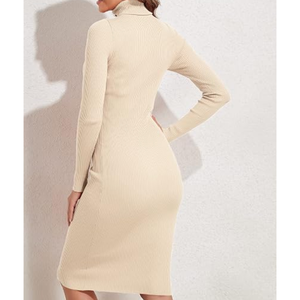Vestido suéter de cuello alto de manga larga para mujer, vestido midi de punto acanalado ajustado, vestido informal elegante para otoño e invierno - Product Image 6