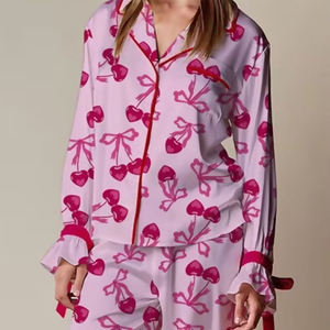 Conjunto de Pijama de Satén para Mujer con Estampado de Cerezas, Manga Larga, Largo Completo, Suave, Transpirable, Cintura Elástica, Cuello Alto, Cintura Media, Ropa de Dormir - Product Image 1