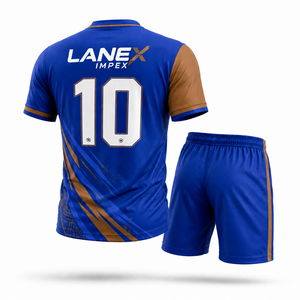 Ensemble d'uniformes de football personnalisés en gros – Maillot et short de football professionnels bleus et marron sublimés pour équipes de club et d'école - Product Image 3