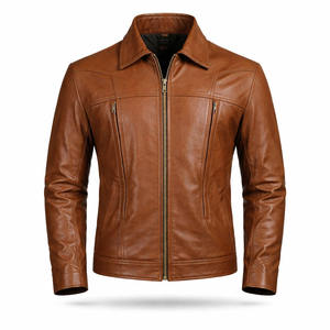 Blouson moto homme en cuir véritable marron coupe ajustée coupe-vent et imperméable col rabattable fermeture éclair streetwear automne - Product Image 3