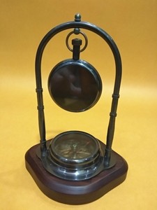 Antique Brass Mechanical Compass Desk <b>Clock</b> Hourly <b>Chiming</b> Silent Movement Vintage Nautical Design Wooden Base for Home Office - Product Image 3
