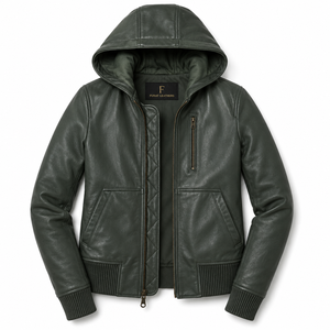 Furat Leathers Green Hooded Sheep Skin Leather Eco-Friendly Quilted Breathable Winter Women's <b>Biker</b> <b>Jacket</b> Stand Detachable - Product Image 1