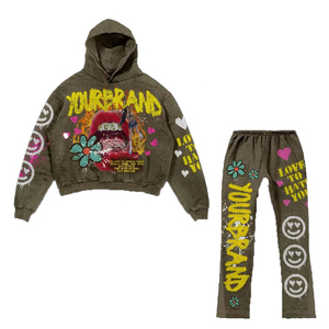 Conjunto de Sudadera con Capucha y Pantalones Acampanados de Talla Grande para Hombre, Estilo Urbano, Ropa Personalizada con Estampado de Serigrafía Intensa y Lavado Ácido - Product Image 2