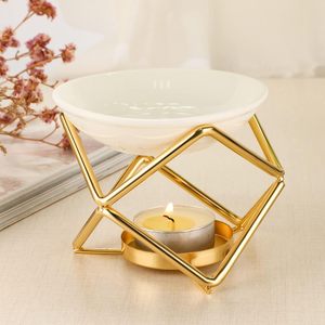 Brûleur de cire moderne en métal doré avec bol en céramique, support géométrique pour bougie chauffe-plat, diffuseur d'huiles essentielles pour aromathérapie, décoration d'intérieur - Product Image 2
