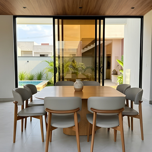 Ensemble de table à manger contemporaine en teck avec fauteuils rembourrés, mobilier de luxe pour villa, restaurant, salle de réunion - Product Image 4