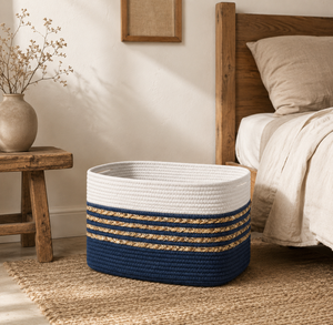 <b>Rectangular</b> Rope <b>Storage</b> <b>Basket</b> With Handles Navy White Striped Nordic Style Multi-Purpose Organizer - Product Image 2