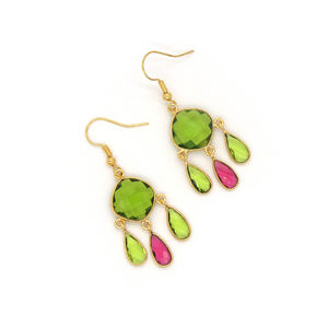 <b>Peridot</b> Pink Fuchsia Gemstone Flower Bohemian Dangle Hook <b>Earrings</b> | Handmade Checker Cut Bezel Set 18K Gold Plated Brass - Product Image 2