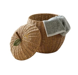 Cute Apple Shaped Seagrass Storage <b>Basket</b> <b>with</b> Stem and Leaf <b>Lid</b> Handwoven Fruit Toy Organizer Bin for Kids Nursery - Product Image 5