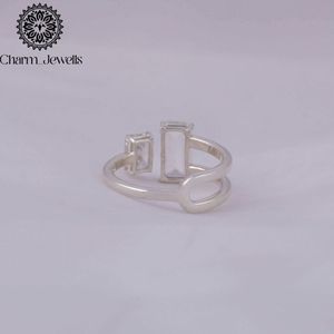 Charm_Jewells Women's <b>Emerald</b> Cut Moissanite Engagement <b>Ring</b> 925 <b>Silver</b> Prong Setting Minimalist Geometric Design - Product Image 4