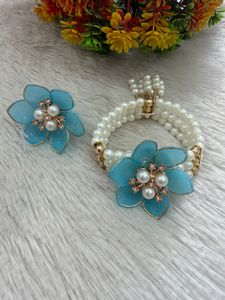 Handcrafted Sky Blue Floral Pearl Bracelet and Matching Adjustable Flower Ring Jewelry <b>Set</b> for Women Beautiful Gift for Girls - Product Image 1