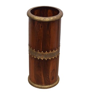 Hand-Carved <b>Chocolate</b> Color Sheesham Wood Umbrella Stand with Brass Inlay-Classic Style Freestanding Home Decor-Wholesale - Product Image 2
