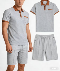 Men's Gray Polo Shirt Set Solid Color Knitted Cotton Casual Summer Wear With Pocket And Drawstring Shorts - Product Image 1