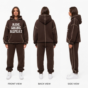 <b>Drop</b> Shoulder Distressed Embroidered Hoodie French Terry Sweatpants Set Outer Seam Pullover Fleece Hood Winter Jogger Track Set - Product Image 4