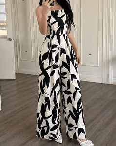 Mono de mujer con estampado floral, sin tirantes, transparente, de pierna ancha, sin mangas, de cintura alta, holgado, de una pieza, para fiesta de verano - Product Image 2