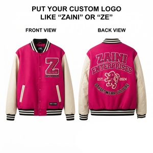 Premium Wool Blend Varsity <b>Jacket</b> 450 GSM Pink <b>White</b> PU Leather Sleeves Chenille Applique Custom Logo Streetwear - Product Image 1