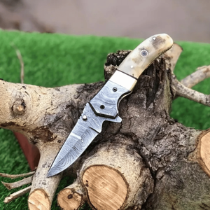 Cuchillo Plegable de Acero de Damasco Hecho a Mano con Mango de Cuerno de Ciervo, Cuchillo de Bolsillo Personalizado OEM para Camping, Funda de Cuero, Regalo para Compañero, Pasha - Product Image 1
