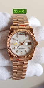 36mm Rose Gold Stainless Steel <b>Mechanical</b> <b>Watch</b> White Dial Baguette Hour Markers Hidden Clasp Luxury Hip Hop Style High Quality - Product Image 3