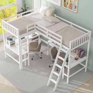 Cama Alta Blanca Tamaño Individual en Forma de L con Escalera y 2 Escritorios Integrados, Cama para Niños - Product Image 2