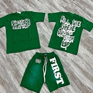 Conjunto de Camiseta y Pantalones Cortos Unisex de Dos Piezas con Estampado Puff Hecho a Medida, 100% Algodón, Impresión Serigrafiada, Efecto Desgastado por el Sol, Conjuntos Cortos de Verano - Product Image 4