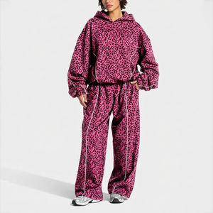 Womens Fashion Pink Leopard Print Contrastline Tracksuit Fleece Hoodie Wide Leg Jogger <b>Set</b> Oversized Casual Streetwear Two Piece - Product Image 1
