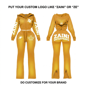Survêtement pour femmes Premium 320 GSM en coton et polyester molletonné, couleur moutarde, avec logo personnalisé, sweat à capuche court et pantalon évasé - Product Image 1