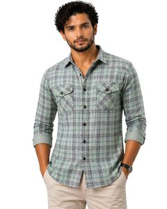 Camisa casual a cuadros verde menta y gris personalizada para hombre, corte ajustado, manga larga, con botones, de algodón, elegante, de calidad premium. - Product Image 1