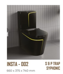 WC monobloc au design optimal, noir et jaune, série INSTA, 660x375x740mm, siphon S&P, système de chasse d'eau siphonique - Product Image 1