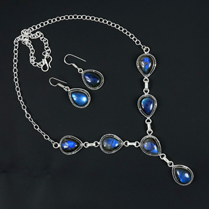 Wholesale 925 Sterling Silver Natural Labradorite Gemstone Teardrop Multi-Stone <b>Necklace</b> and <b>Matching</b> Earrings Jewelry Set - Product Image 2