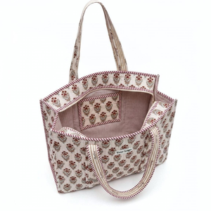 Women's Floral Print Cotton Canvas Tote Bag Large Capacity Casual Shopping <b>Handbag</b> with Pink Checkered Trim - Product Image 2