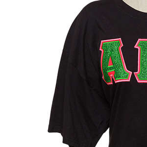 Black Short Sleeve T-Shirt with Green and <b>Pink</b> AKA Graphic Embroidery Crew Neck Casual Cotton Tee Streetwear Fashion <b>Top</b> Women - Product Image 4