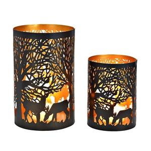 Cylinder Metal <b>Candle</b> Holders With Tree And Deer Die Cut Design White Gold Home Decoration Set Of 2 - Product Image 3