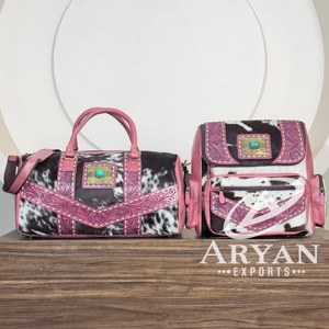 Super September Real Hair on Cowhide Leather <b>Tooled</b> Floral 2 Piece Matching Luggage <b>Set</b> Travel Weekender Duffel & Backpack Bag - Product Image 1