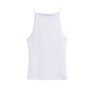 Débardeur côtelé uni à col rond pour femme, basique d'été, élastique, sans manches, coupe courte, en soie/coton, écologique, respirant, avec devant en satin - Product Image 2