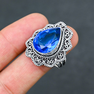 Anillo de Plata de Ley 925 con Topacio Azul Creado en Laboratorio, Hermoso Anillo con Piedra en Forma de Pera, Joyería de Boda Hecha a Mano con Turquesa - Product Image 1