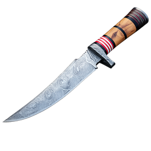 Couteau Bowie de camping artisanal de qualité industrielle en acier Damas avec manche en bois et résine, étui en cuir, 14 pouces - Product Image 1