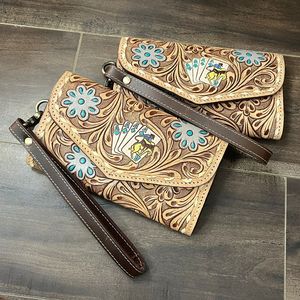 New Arrival Handmade Tooled Cowhide Leather Cowboy-&-<b>Card</b> Design Multipurpose Clutch Genuine Leather Wristlet <b>Wallet</b> for Women's - Product Image 5