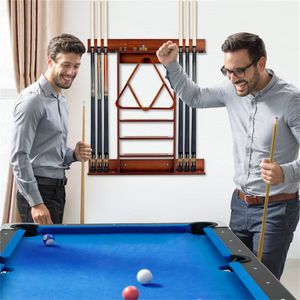 Portastecche da Biliardo da Parete in Legno di Pino Marrone Resistente, Contiene 8 Stecche, 16 Biglie, 5 Scomparti, Scatola Porta Aste in Pelle PU Inclusa - Product Image 4