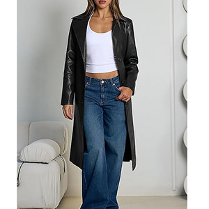 Chaqueta Larga de Cuero Sintético para Mujer, Estilo Gabardina, con Solapa, Frente Abierto, Diseño con Cinturón, Forro de Piel Sintética, Impermeable, Personalizada - Product Image 2