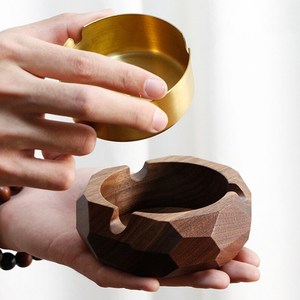 Handcrafted Solid Acacia Cigarette <b>Ashtray</b>, Unique Platonic Ash Tray with Gold Ash Lid, Indoor & Outdoor Decorative <b>Ashtray</b> - Product Image 2